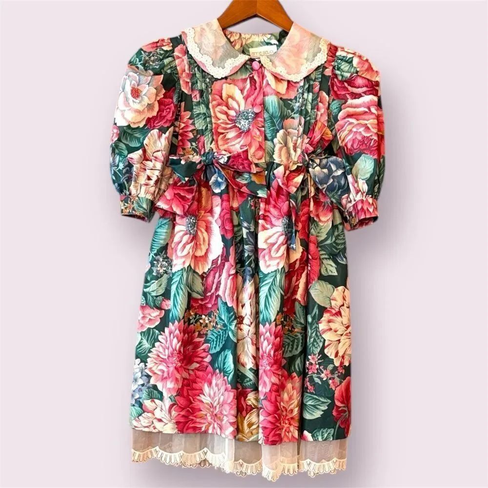 ANNE SAVOY Vintage 80s/90s Floral Cottagecore Dress Puff Sleeve Peter Pan Collar